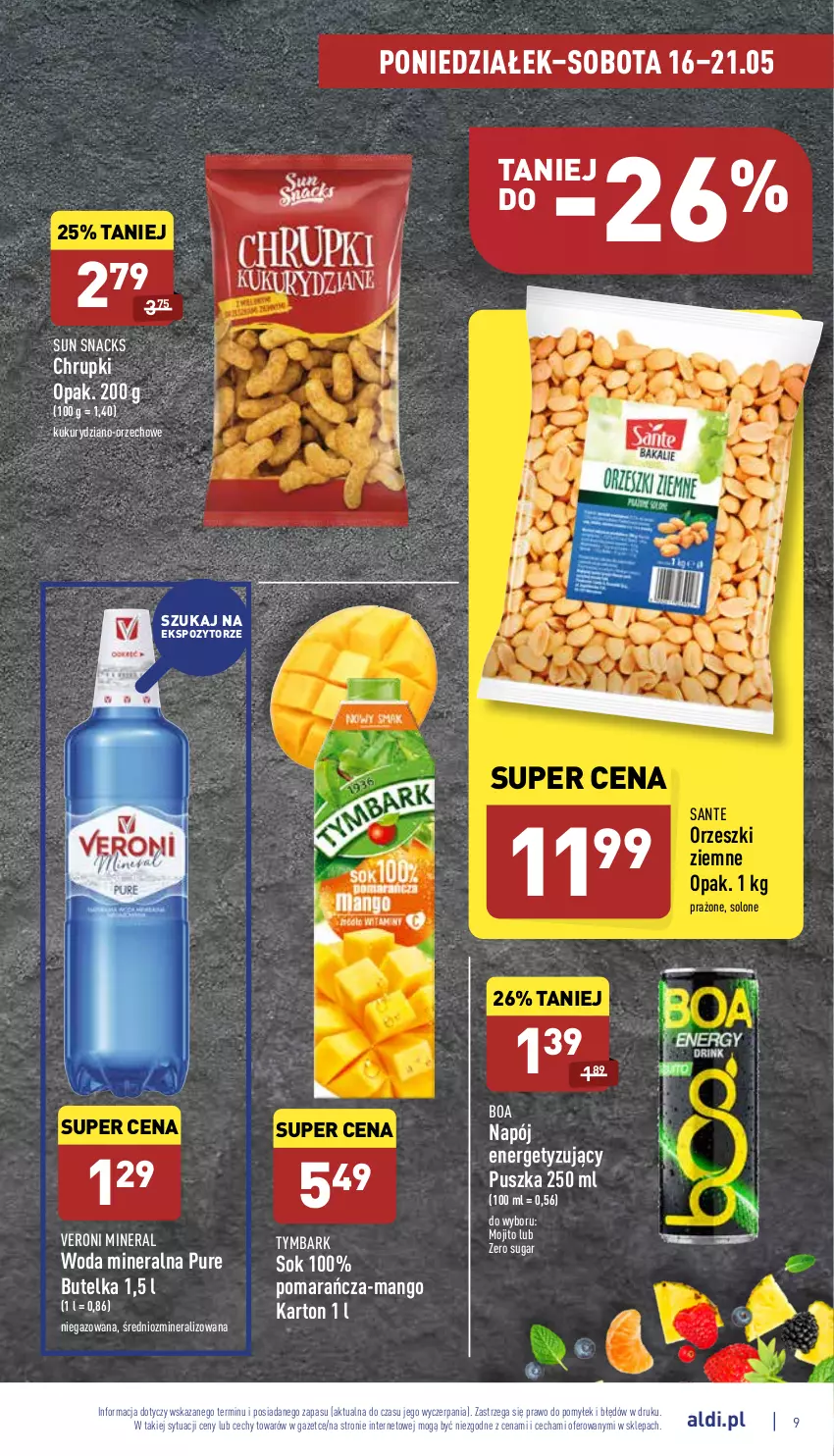 Gazetka promocyjna Aldi - Katalog spożywczy - ważna 16.05 do 21.05.2022 - strona 9 - produkty: Chrupki, Mango, Napój, Orzeszki, Orzeszki ziemne, Pur, Sante, Sok, Tymbark, Woda, Woda mineralna