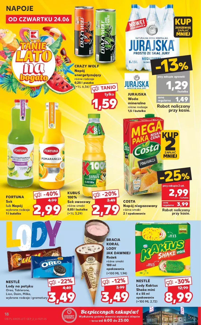 Gazetka promocyjna Kaufland - OFERTA TYGODNIA - ważna 24.06 do 30.06.2021 - strona 18 - produkty: Fortuna, Gra, Kaktus, Kubuś, Lion, Lody, Milka, Napój, Napój niegazowany, Napoje, Nestlé, Oreo, Piec, Rama, Sok, Tera, Toblerone, Woda, Woda mineralna