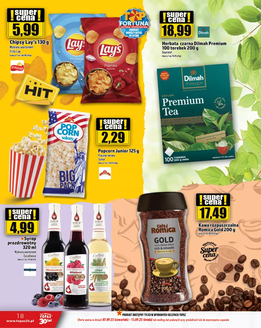 Gazetka promocyjna Topaz - Gazetka - ważna 07.09 do 13.09.2023 - strona 18 - produkty: Dilmah, Herbata, Herbata czarna, Kawa, Kawa rozpuszczalna, Ser, Syrop, Top