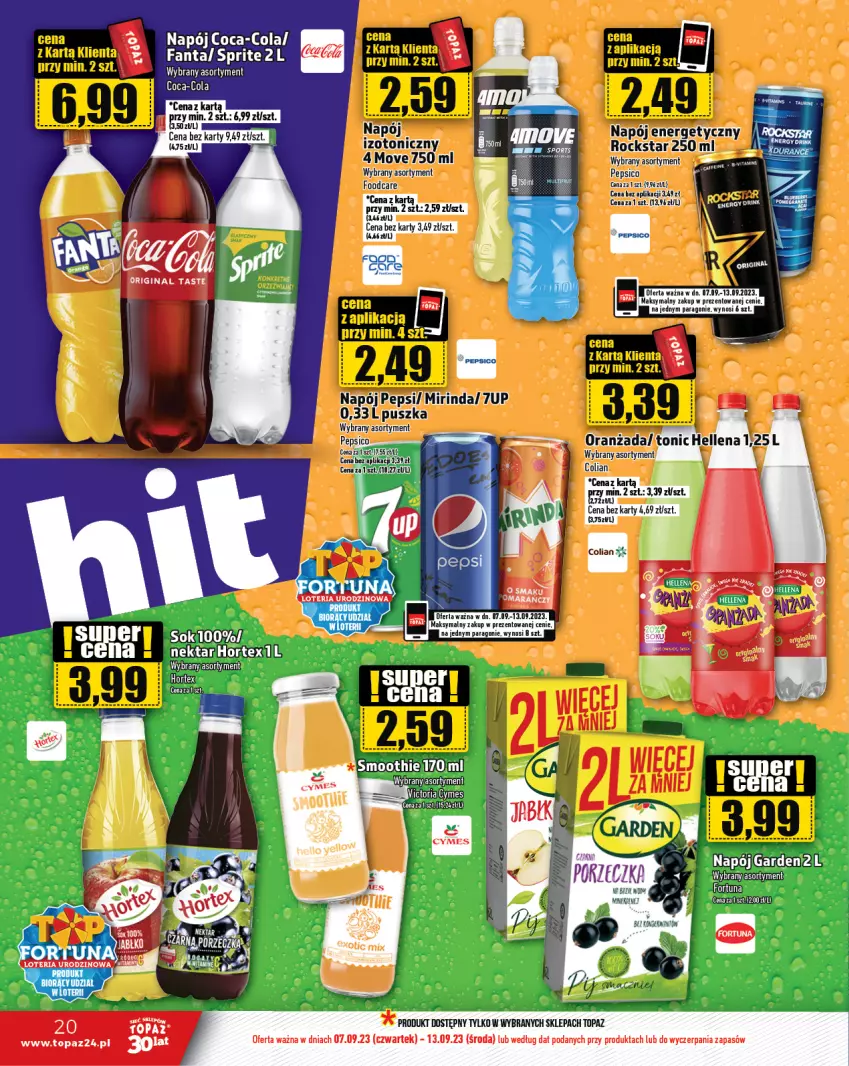 Gazetka promocyjna Topaz - Gazetka - ważna 07.09 do 13.09.2023 - strona 20 - produkty: Coca-Cola, Fortuna, Gin, Hellena, Hortex, LG, Napój, Nektar, Pepsi, Por, Smoothie, Sok, Top