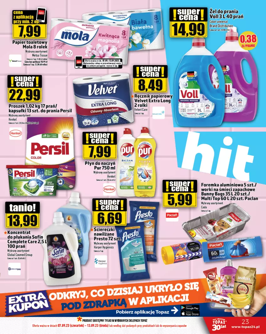 Gazetka promocyjna Topaz - Gazetka - ważna 07.09 do 13.09.2023 - strona 23 - produkty: Mola, Papier, Papier toaletowy, Persil, Pur, Ręcznik, Rolki, Top, Velvet, Worki na śmiec, Worki na śmieci