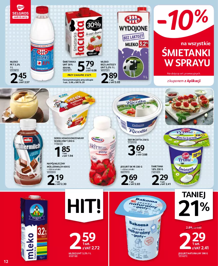 Gazetka promocyjna Selgros - Oferta spożywcza - ważna 28.10 do 09.11.2021 - strona 12 - produkty: Jogurt, Jogurt naturalny, Mleko, Mleko bez laktozy, Müller, Müllermilch, Napój, Napój mleczny, Ricotta, Ser, Serek, Serek homogenizowany