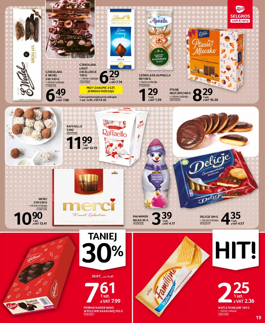 Gazetka promocyjna Selgros - Oferta spożywcza - ważna 28.10 do 09.11.2021 - strona 19 - produkty: Czekolada, Delicje, Fa, Kakao, Lindt, Merci, Milka, Mleczko, Piernik, Ptasie mleczko, Raffaello, Wafle