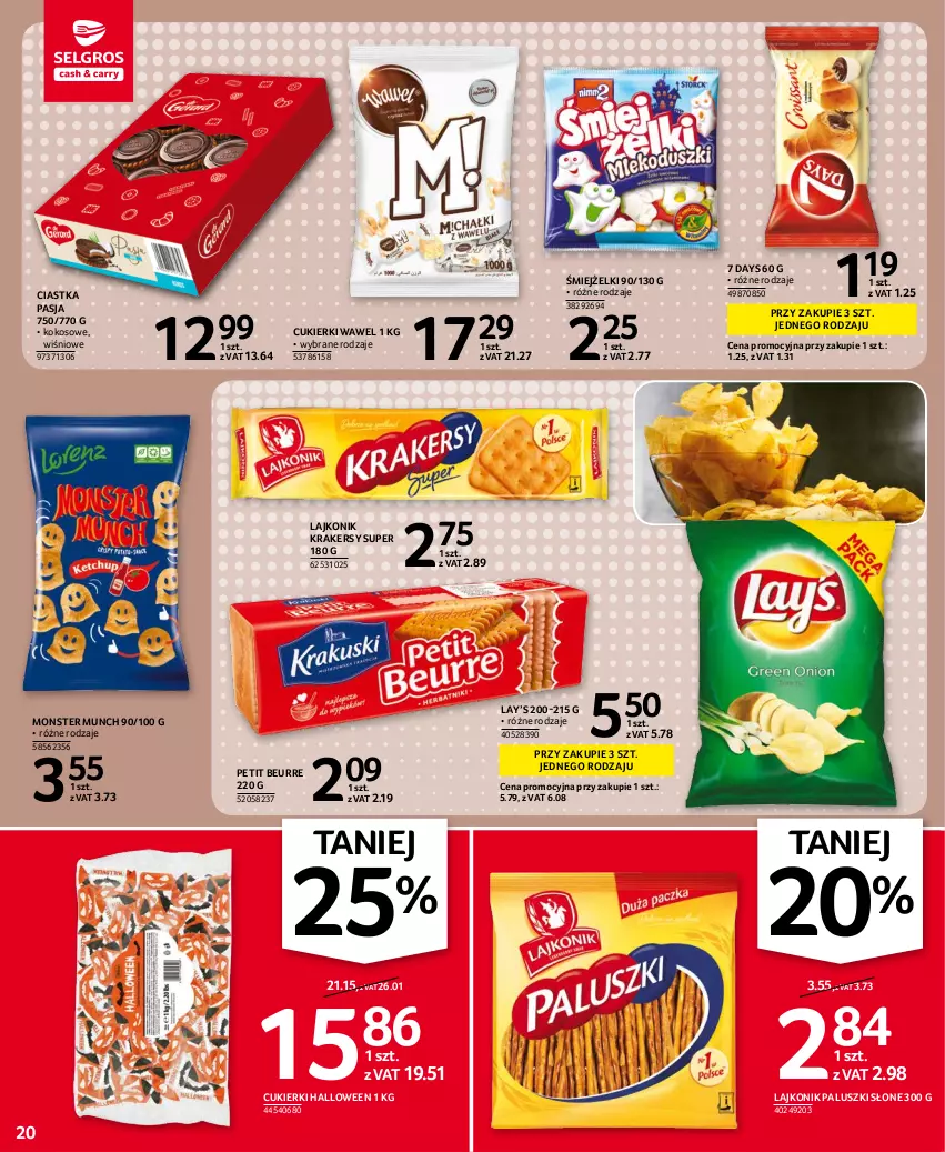 Gazetka promocyjna Selgros - Oferta spożywcza - ważna 28.10 do 09.11.2021 - strona 20 - produkty: 7 Days, Ciastka, Cukier, Cukierki, Kokos, Krakersy, Lajkonik, Lay’s, Monster Munch, Wawel