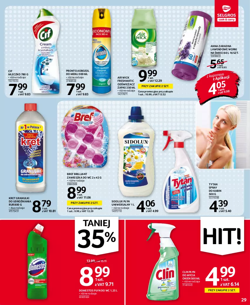 Gazetka promocyjna Selgros - Oferta spożywcza - ważna 28.10 do 09.11.2021 - strona 29 - produkty: Air Wick, Bref, Cif, Clin, Domestos, Gra, Kret, Mleczko, Płyn do mycia, Płyn do wc, Pronto, Sidolux, Tytan, Worki na śmiec, Worki na śmieci, Zawieszka do wc