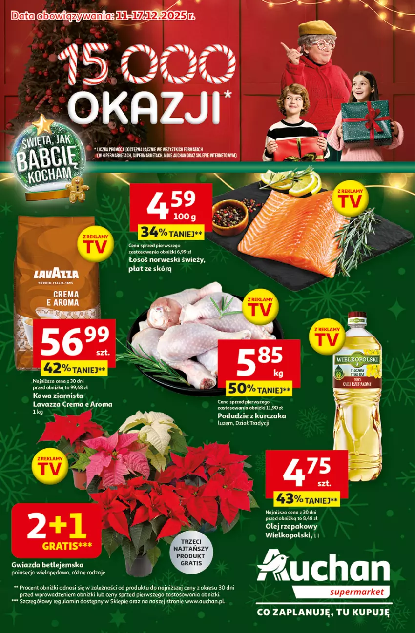 Gazetka promocyjna Auchan - Święta jak babcię kocham Supermarket - ważna 11.12 do 17.12.2025 - strona 1 - produkty: Gra, Gwiazda, Kawa, Kawa ziarnista, Kurczak, Olej, Olej rzepakowy, Podudzie z kurczaka, Poinsecja, Rama