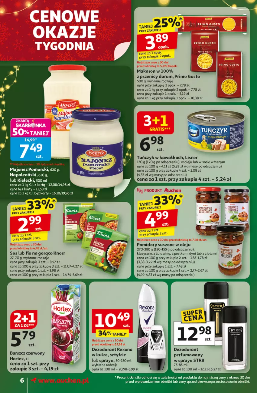 Gazetka promocyjna Auchan - Święta jak babcię kocham Supermarket - ważna 11.12 do 17.12.2025 - strona 6 - produkty: Dezodorant, Hortex, Kawa, Knorr, Lisner, Majonez, Makaron, Olej, Oleo, Perfum, Pomidory, Rexona, Rum, Sos, Str8, Tuńczyk