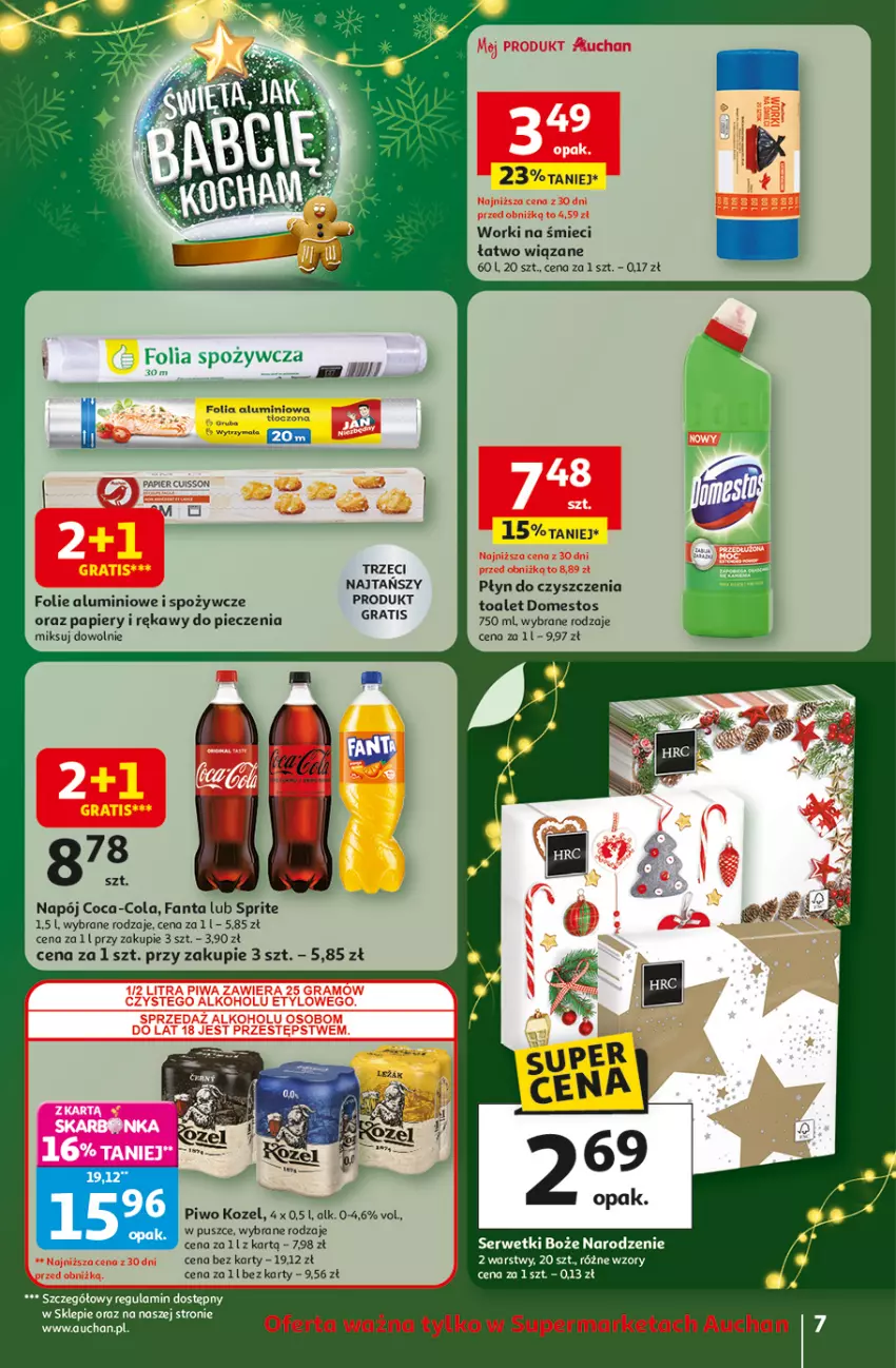 Gazetka promocyjna Auchan - Święta jak babcię kocham Supermarket - ważna 11.12 do 17.12.2025 - strona 7 - produkty: Coca-Cola, Domestos, Fa, Fanta, Kozel, Mus, Napój, Papier, Piec, Piwo, Ser, Serwetki, Sprite, Worki na śmiec, Worki na śmieci