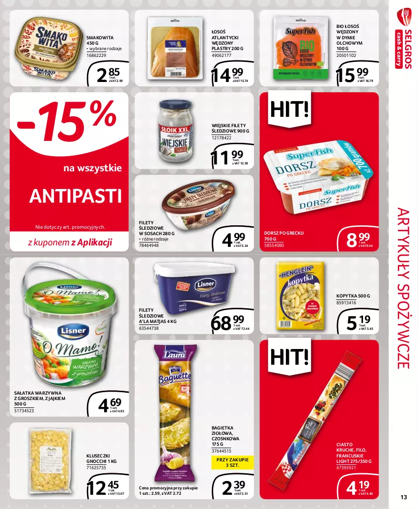 Gazetka promocyjna Selgros - Extra Oferta - ważna 01.10 do 31.10.2021 - strona 13 - produkty: Artykuły spożywcze, Bagietka, Dorsz, Gnocchi, Kopytka, Matjas, Sałat, Sałatka, Sałatka warzywna, Smakowita, Sos