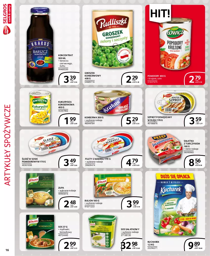 Gazetka promocyjna Selgros - Extra Oferta - ważna 01.10 do 31.10.2021 - strona 16 - produkty: Artykuły spożywcze, Bulion, Groszek, Kucharek, Kukurydza, Kukurydza konserwowa, Lion, Olej, Pomidory, Sałat, Sałatka, Ser, Sos, Szprot, Tuńczyk, Wiko, Zupa