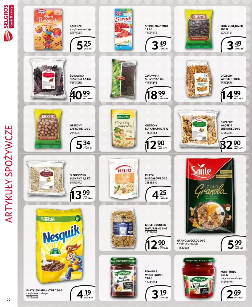 Gazetka promocyjna Selgros - Extra Oferta - ważna 01.10 do 31.10.2021 - strona 22 - produkty: Artykuły spożywcze, Babeczki, Danio, Gra, Granola, Konfitura, Mus, Orzechy włoskie, Rodzynki, Ser