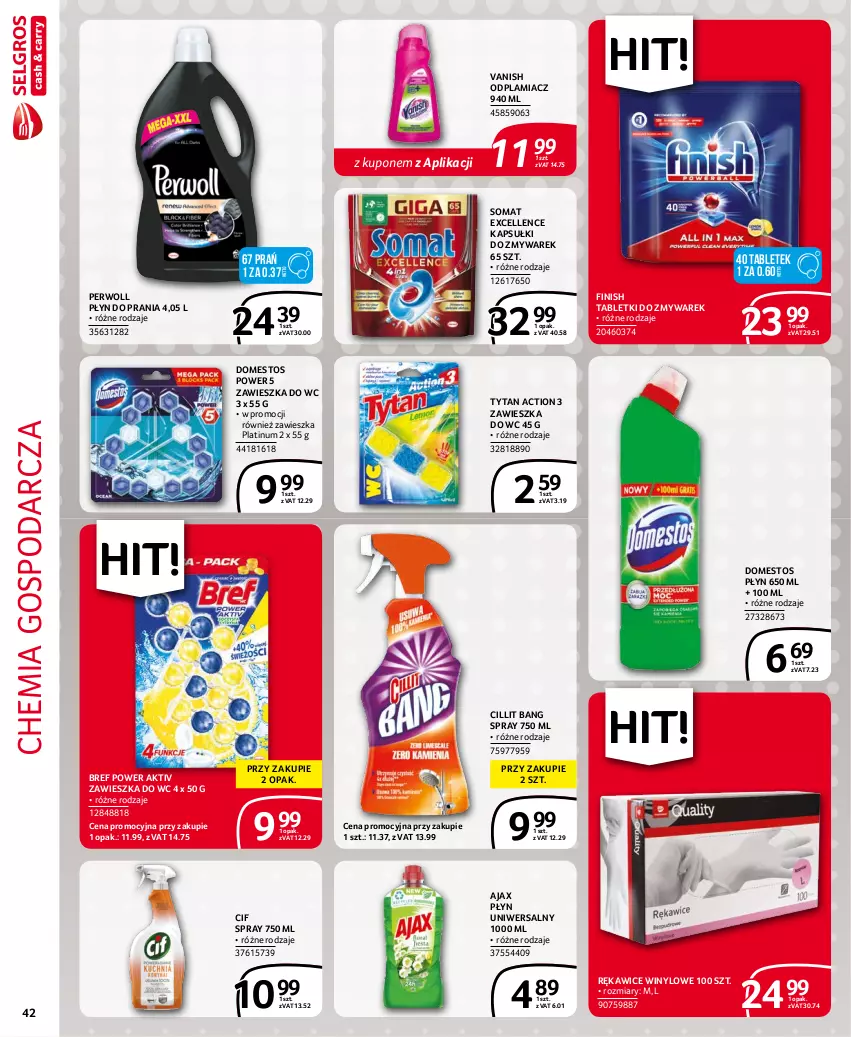 Gazetka promocyjna Selgros - Extra Oferta - ważna 01.10 do 31.10.2021 - strona 42 - produkty: Ajax, Bref, Cif, Cillit Bang, Domestos, Finish, Odplamiacz, Perwoll, Płyn do prania, Rękawice, Somat, Tablet, Tytan, Vanish, Zawieszka do wc