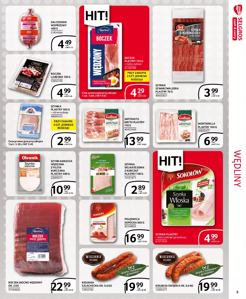 Gazetka promocyjna Selgros - Extra Oferta - ważna 01.10 do 31.10.2021 - strona 5 - produkty: Boczek, Dell, Gra, Kiełbasa, Kurczak, Mortadella, Polędwica, Rama, Salceson, Szynka, Szynka delikatesowa