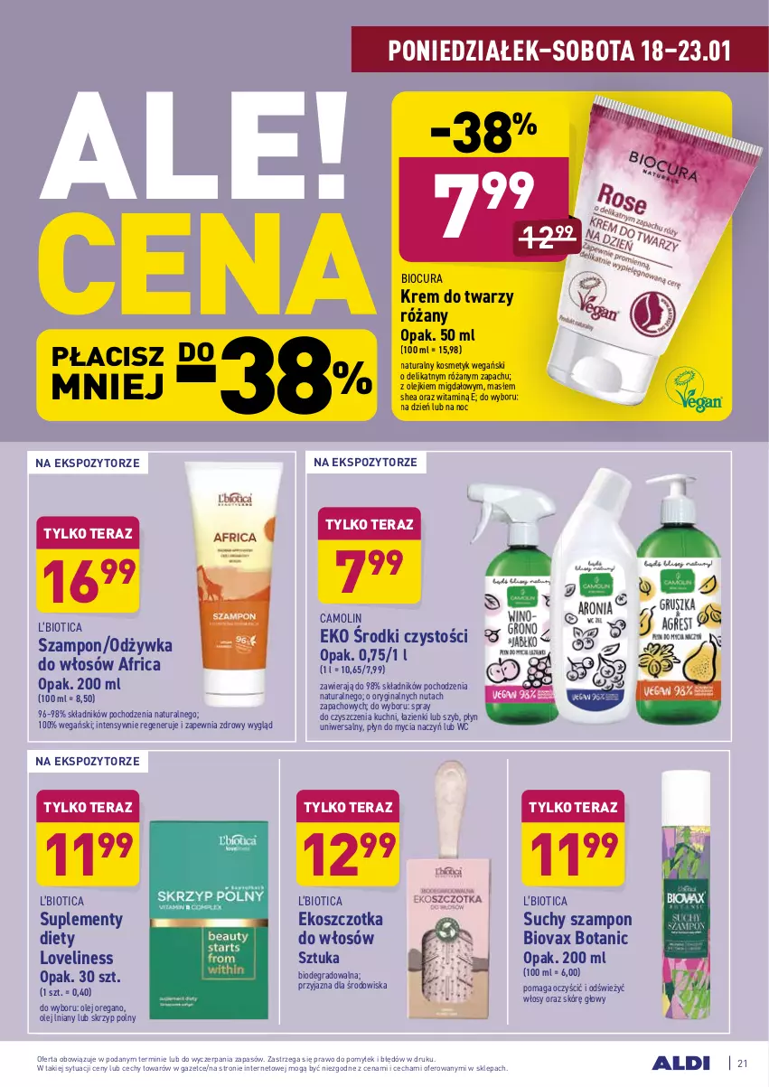 Gazetka promocyjna Aldi - ALE! CENA - ważna 18.01 do 23.01.2021 - strona 21 - produkty: Amol, Biovax, Do mycia naczyń, Ekoszczotka, Gin, Gra, Kosz, Krem do twarzy, Odżywka, Olej, Płyn do mycia, Płyn do mycia naczyń, Róża, Skrzyp polny, Spray do czyszczenia, Suchy szampon, Szampon, Szczotka, Szczotka do włosów, Tera