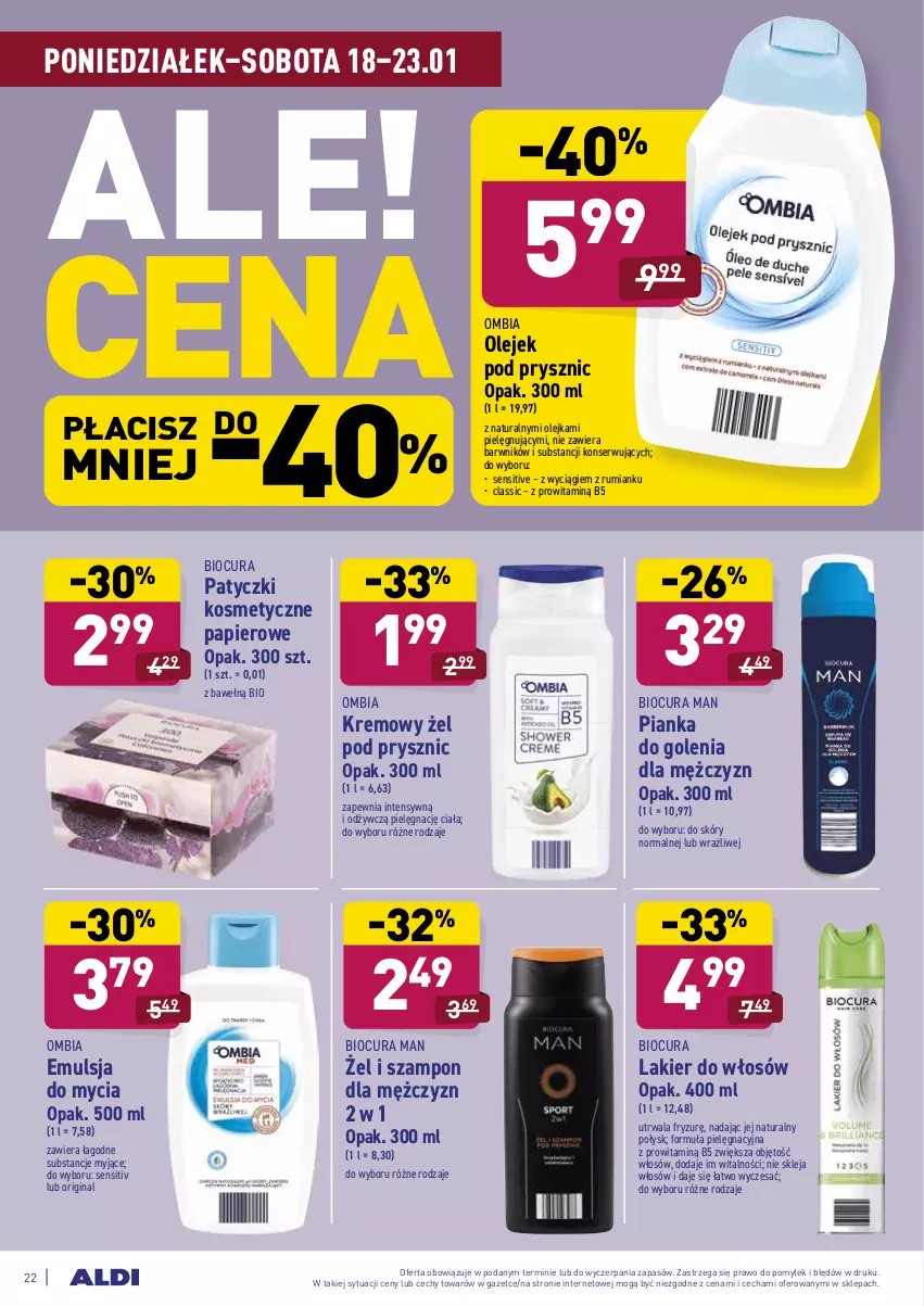 Gazetka promocyjna Aldi - ALE! CENA - ważna 18.01 do 23.01.2021 - strona 22 - produkty: Emulsja, Emulsja do mycia, Gin, Klej, Lakier, Lakier do włosów, Olej, Olejek pod prysznic, Papier, Patyczki kosmetyczne, Pianka do golenia, Rum, Ser, Szampon