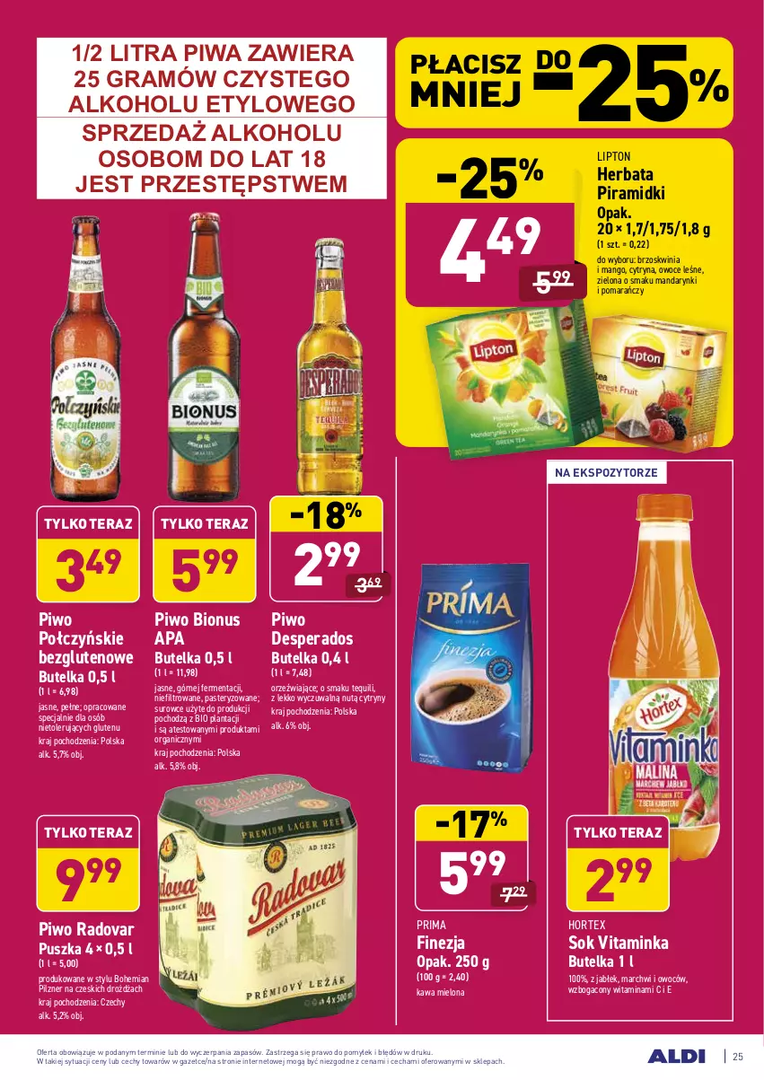 Gazetka promocyjna Aldi - ALE! CENA - ważna 18.01 do 23.01.2021 - strona 25 - produkty: Cytryny, Desperados, Gra, Herbata, Hortex, Inka, Kawa, Kawa mielona, Lipton, Mandarynki, Mango, Owoce, Piwa, Piwo, Prima, Sok, Tera