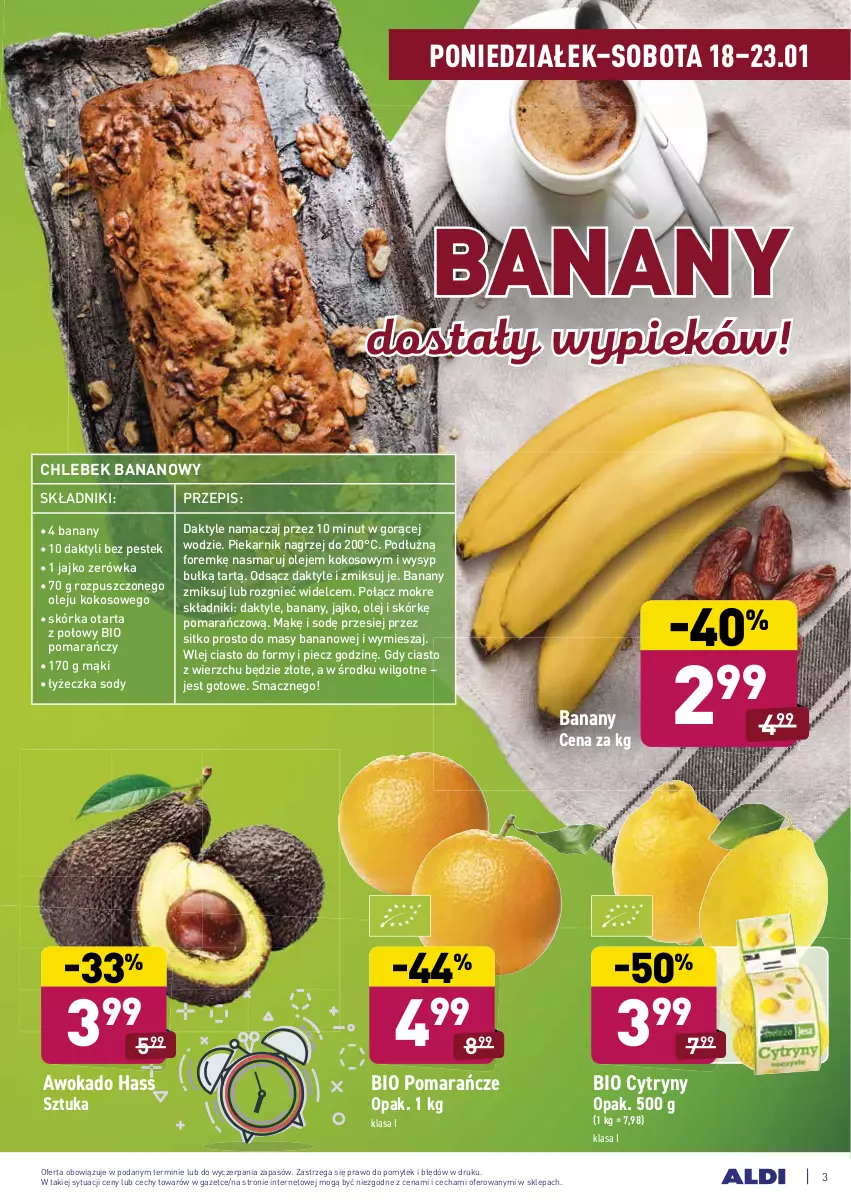 Gazetka promocyjna Aldi - ALE! CENA - ważna 18.01 do 23.01.2021 - strona 3 - produkty: Banany, Chleb, Cytryny, Daktyle, Kokos, LG, Olej, Piec, Piekarnik, Pomarańcze, Sitko, Stek, Tarta