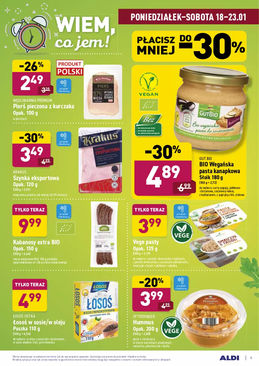 Gazetka promocyjna Aldi - ALE! CENA - ważna 18.01 do 23.01.2021 - strona 9 - produkty: Chrzan, Dynią, Fa, Hummus, Kabanos, Kokos, Krakus, Kurczak, Mięso, Mięso wieprzowe, Mus, Olej, Papaja, Piec, Pieprz, Por, Ser, Sos, Sport, Stek, Szynka, Tera