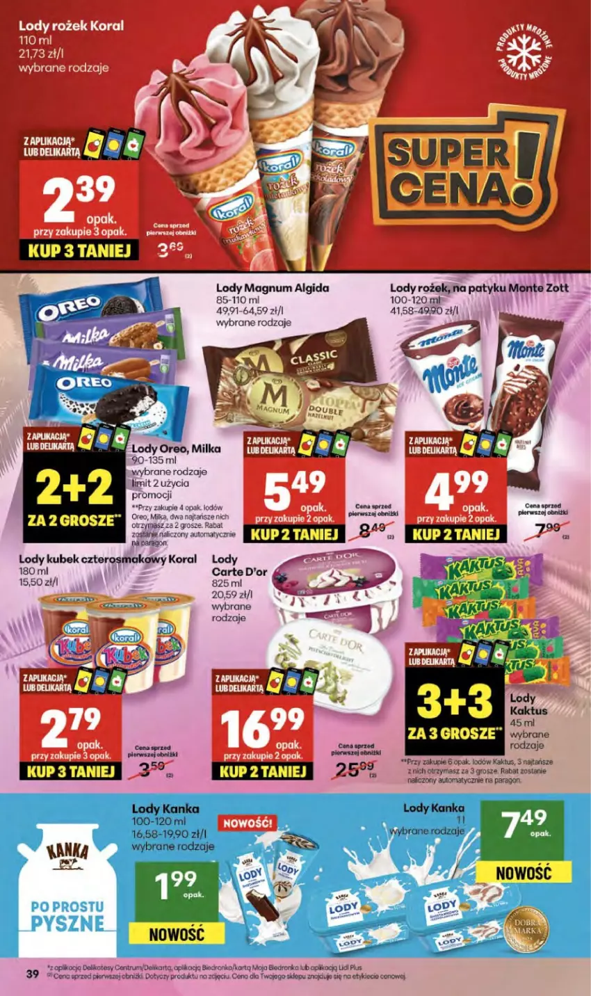 Gazetka promocyjna Delikatesy Centrum - Franczyza DC37 Czwartek - ważna 11.09 do 17.09.2025 - strona 39 - produkty: Algida, Carte d'Or, Kaktus, Kubek, LG, Lody, Milka, Monte, Oreo, Rum, Zott