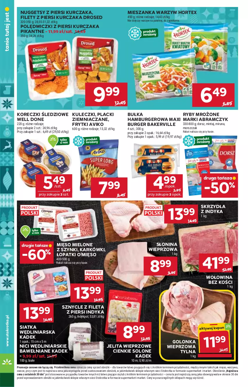 Gazetka promocyjna Stokrotka - Market - ważna 27.11 do 03.12.2025 - strona 16 - produkty: Bułka, Burger, Dorsz, Frytki, Golonka wieprzowa, Hamburger, Hortex, Koreczki śledziowe, Kurczak, Lack, Mięso, Mięso mielone, Mięso mielone z szynki, Mieszanka warzyw, Mintaj, Miruna, Owoce, Siatka, Warzywa, Wołowina, Wołowina bez kości