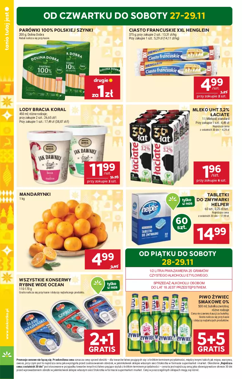 Gazetka promocyjna Stokrotka - Market - ważna 27.11 do 03.12.2025 - strona 2 - produkty: Ciasto francuskie, Gra, Lody, Mandarynki, Mięso, Mleko, Owoce, Parówki, Piwa, Piwo, Ser, Tablet, Tabletki do zmywarki, Warzywa, Zmywarki