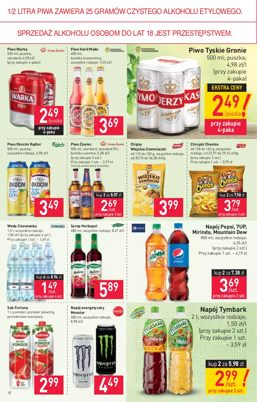 Gazetka promocyjna Stokrotka - Supermarket - ważna 09.09 do 15.09.2021 - strona 12 - produkty: 7up, Cheetos, Chipsy, Chrupki, Cisowianka, Fortuna, Gra, Herbapol, Koc, Mirinda, Napój, Napój energetyczny, Okocim, Pepsi, Piwa, Piwo, Radler, Sok, Syrop, Tymbark, Tyskie, Warka, Woda