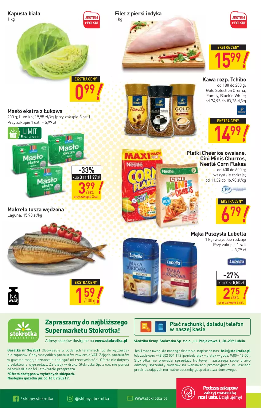 Gazetka promocyjna Stokrotka - Supermarket - ważna 09.09 do 15.09.2021 - strona 20 - produkty: Bell, Bella, Cheerios, Cini Minis, Corn flakes, Fa, Filet z piersi indyka, Kawa, Lack, Lubella, Mąka, Masło, Nestlé, O nas, Tchibo, Telefon, Tusz, Wagi