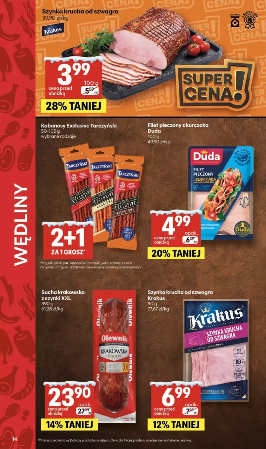 Gazetka promocyjna Delikatesy Centrum - Franczyza DC02 Czwartek - ważna 08.01 do 14.01.2026 - strona 14 - produkty: Duda, Gra, Kabanos, Krakus, Kurczak, Piec, Szynka, Tarczyński