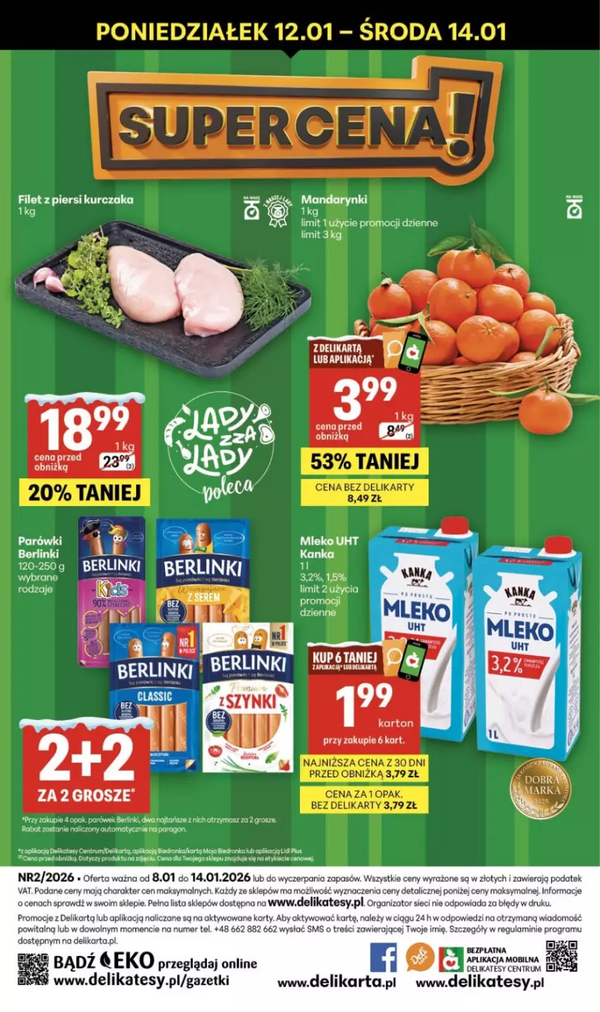 Gazetka promocyjna Delikatesy Centrum - Franczyza DC02 Czwartek - ważna 08.01 do 14.01.2026 - strona 40 - produkty: Berlinki, Filet z piersi kurczaka, Gra, Kurczak, Mandarynki, Mleko, Mobil, Parówki, Rum