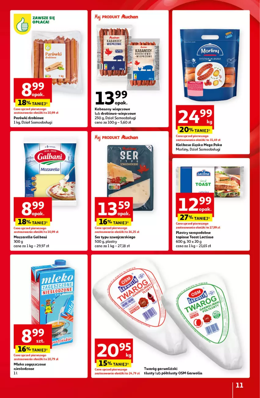 Gazetka promocyjna Auchan - Pewność Niskich Cen Hipermarket - ważna 12.09 do 18.09.2024 - strona 11 - produkty: Cars, Galbani, Kabanos, Kiełbasa, Kiełbasa śląska, Mleko, Mleko zagęszczone, Morliny, Mozzarella, Parówki, Ser, Top, Twaróg