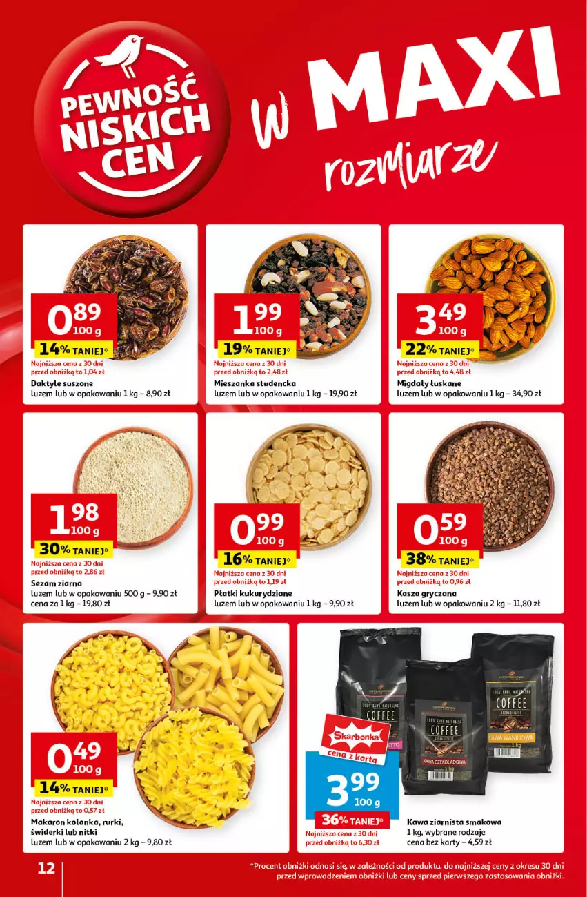 Gazetka promocyjna Auchan - Pewność Niskich Cen Hipermarket - ważna 12.09 do 18.09.2024 - strona 12 - produkty: Daktyle, Gry, Kasza, Kasza gryczana, Kawa, Kawa ziarnista, Makaron, Mieszanka studencka, Migdały, Migdały łuskane, Rurki, Sezam