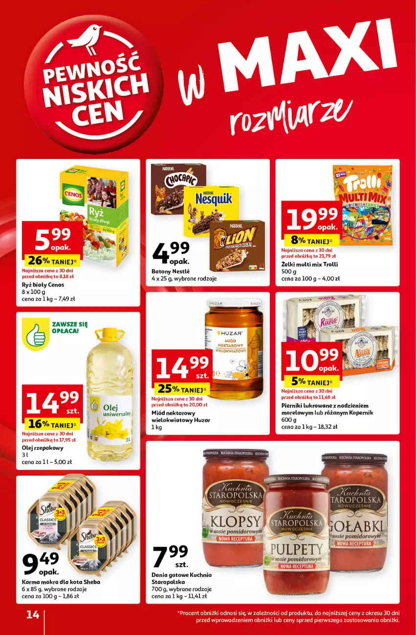 Gazetka promocyjna Auchan - Pewność Niskich Cen Hipermarket - ważna 12.09 do 18.09.2024 - strona 14 - produkty: Baton, Cenos, Dania gotowe, Kuchnia, Kuchnia Staropolska, Miód, Nektar, Olej, Olej rzepakowy, Piernik, Pulpety, Róża, Ryż, Ryż biały, Sheba, Sos