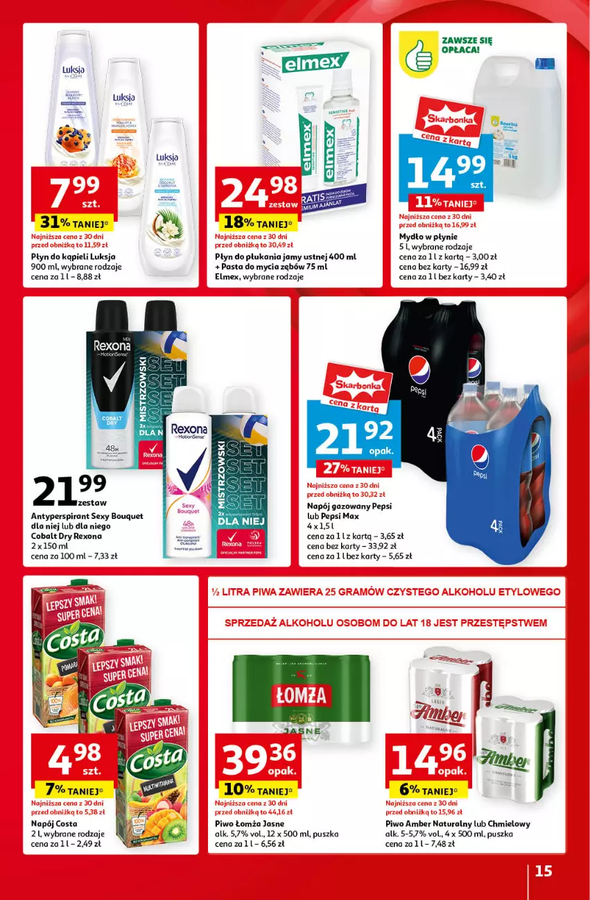 Gazetka promocyjna Auchan - Pewność Niskich Cen Hipermarket - ważna 12.09 do 18.09.2024 - strona 15 - produkty: Antyperspirant, Elmex, Luksja, Mydło, Mydło w płynie, Napój, Napój gazowany, Pepsi, Pepsi max, Piwo, Płyn do kąpieli, Płyn do płukania, Płyn do płukania jamy ustnej, Rexona