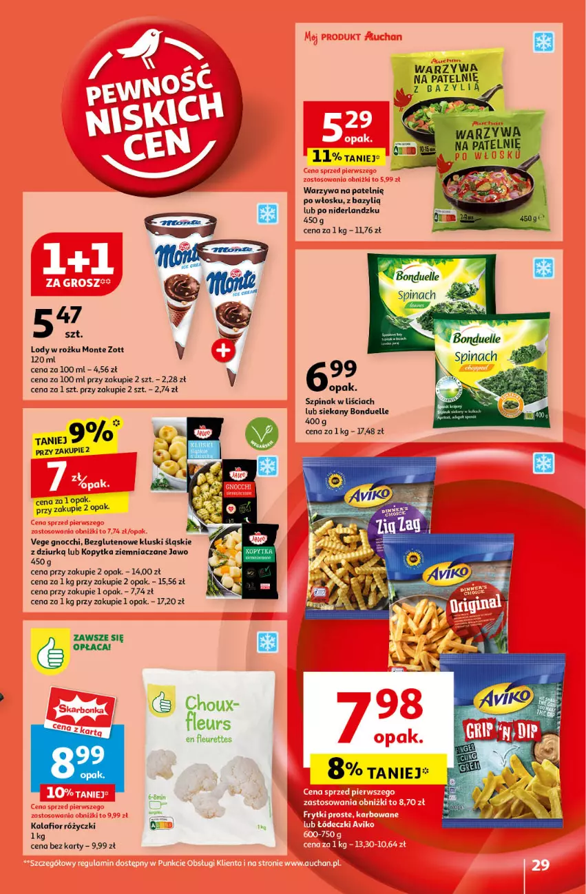 Gazetka promocyjna Auchan - Pewność Niskich Cen Hipermarket - ważna 12.09 do 18.09.2024 - strona 29 - produkty: Bazyl, Bonduelle, Gnocchi, Kalafior, Kopytka, Lody, Monte, Szpinak, Warzywa, Zott