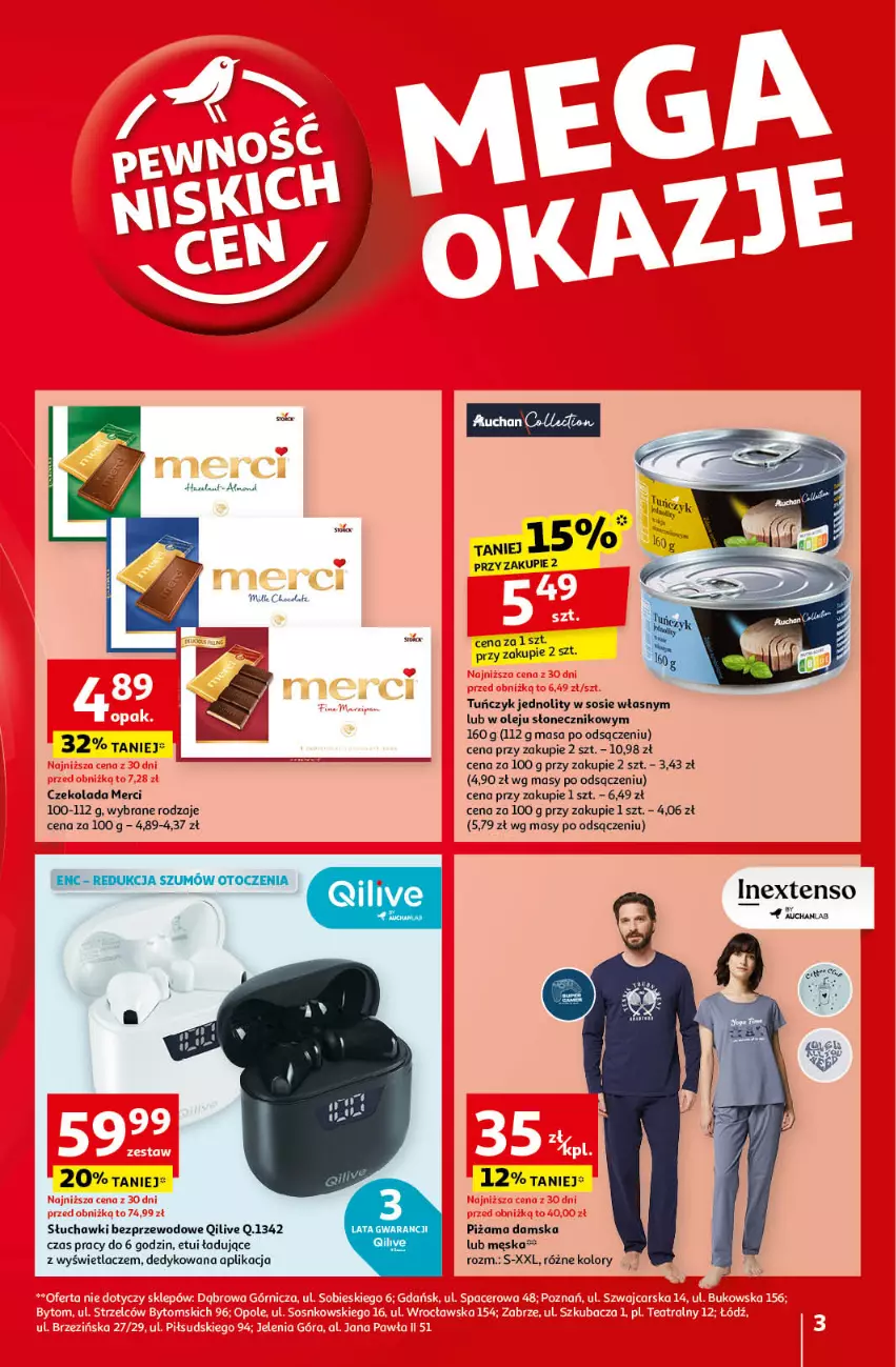 Gazetka promocyjna Auchan - Pewność Niskich Cen Hipermarket - ważna 12.09 do 18.09.2024 - strona 3 - produkty: Czekolada, Merci, Olej, Piżama, Słuchawki, Słuchawki bezprzewodowe, Sos, Tuńczyk