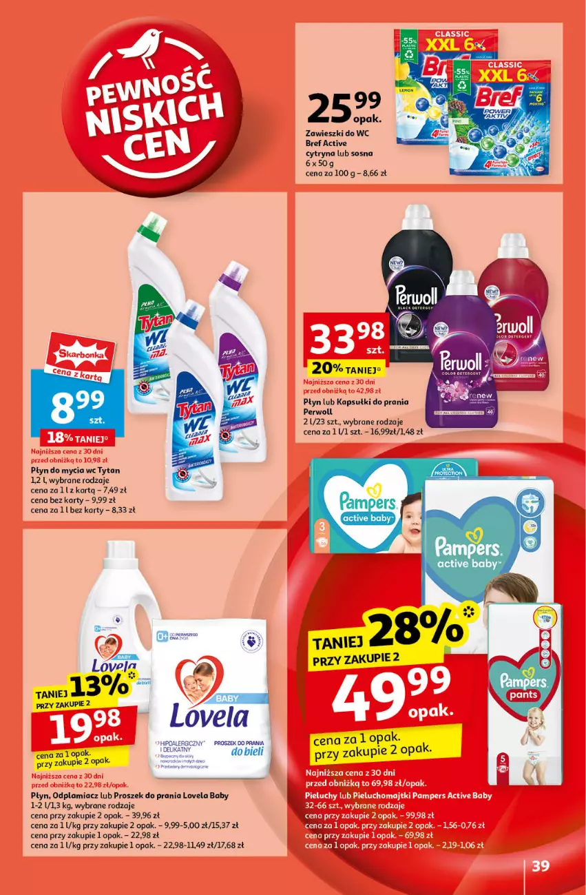 Gazetka promocyjna Auchan - Pewność Niskich Cen Hipermarket - ważna 12.09 do 18.09.2024 - strona 39 - produkty: Bref, Kapsułki do prania, Lovela, Odplamiacz, Pampers, Perwoll, Płyn do mycia, Proszek do prania, Sos, Tytan, Zawieszki