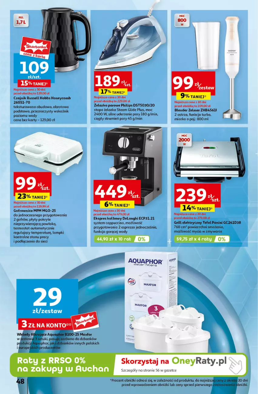 Gazetka promocyjna Auchan - Pewność Niskich Cen Hipermarket - ważna 12.09 do 18.09.2024 - strona 48 - produkty: Aquaphor, Blender, Cappuccino, Czajnik, Fa, Gofrownica, Grill, Miarka, Philips, Rum, Tefal, Termos, Top, Zelmer