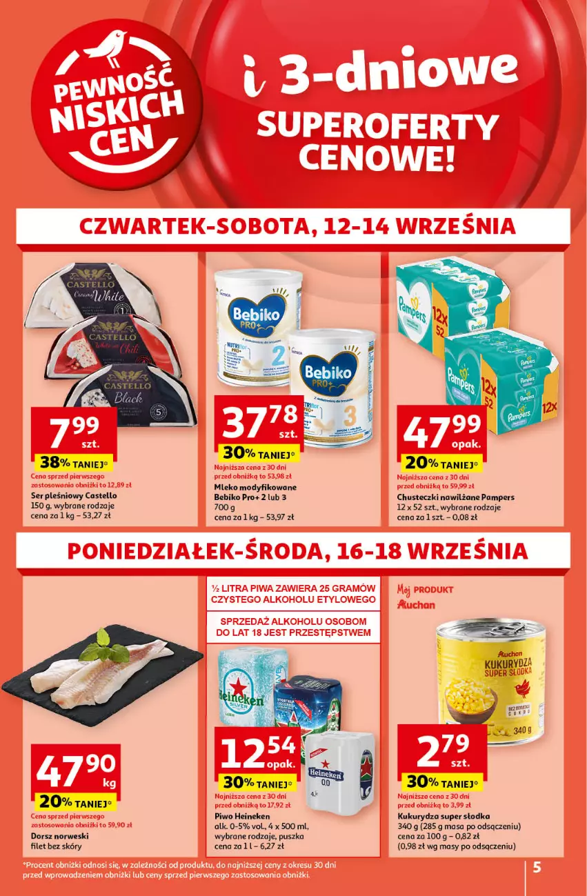 Gazetka promocyjna Auchan - Pewność Niskich Cen Hipermarket - ważna 12.09 do 18.09.2024 - strona 5 - produkty: Bebiko, Chusteczki, Dorsz, Heineken, Kukurydza, Mleko, Mleko modyfikowane, Pampers, Piwo, Ser, Ser pleśniowy