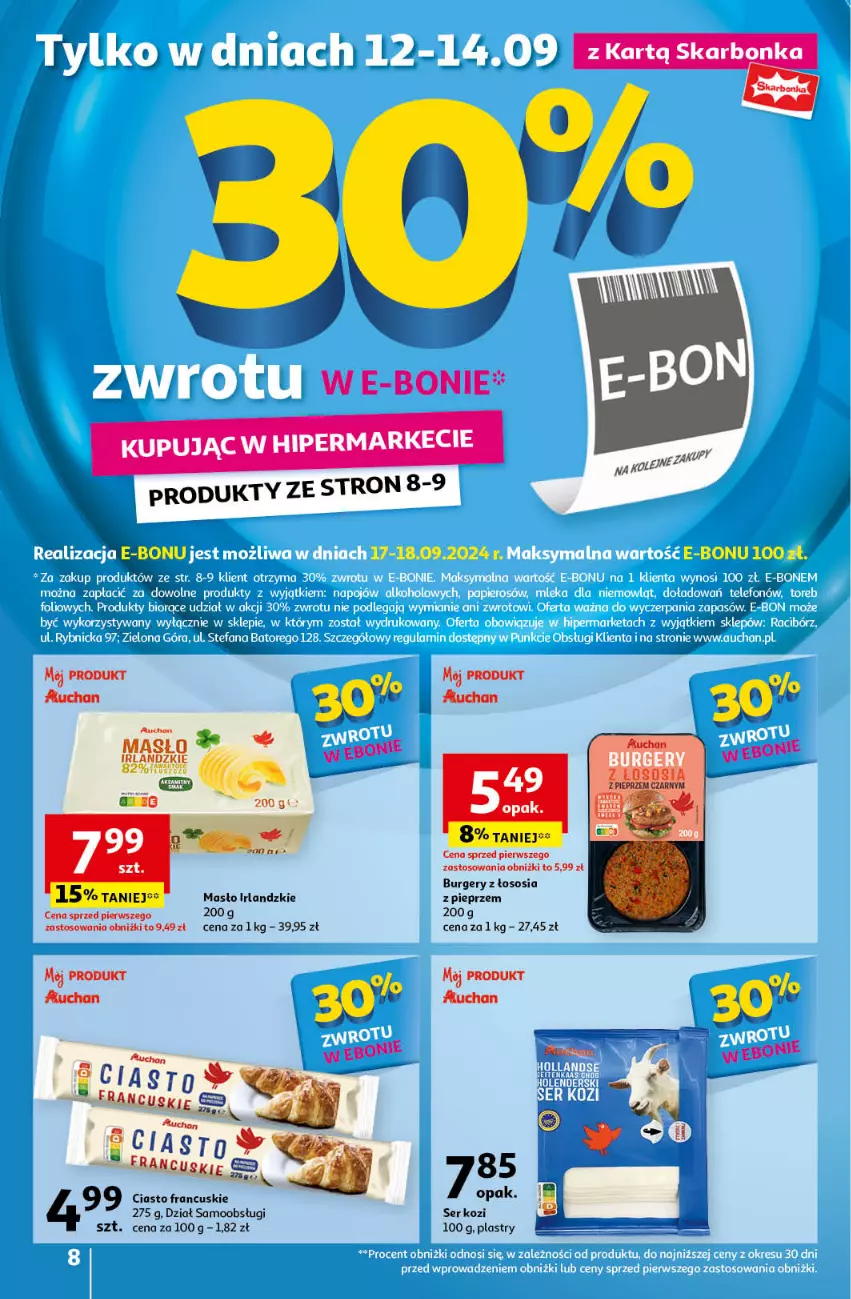 Gazetka promocyjna Auchan - Pewność Niskich Cen Hipermarket - ważna 12.09 do 18.09.2024 - strona 8 - produkty: Burger, Ciasto francuskie, Masło, Pieprz, Ser, Ser kozi, Sos