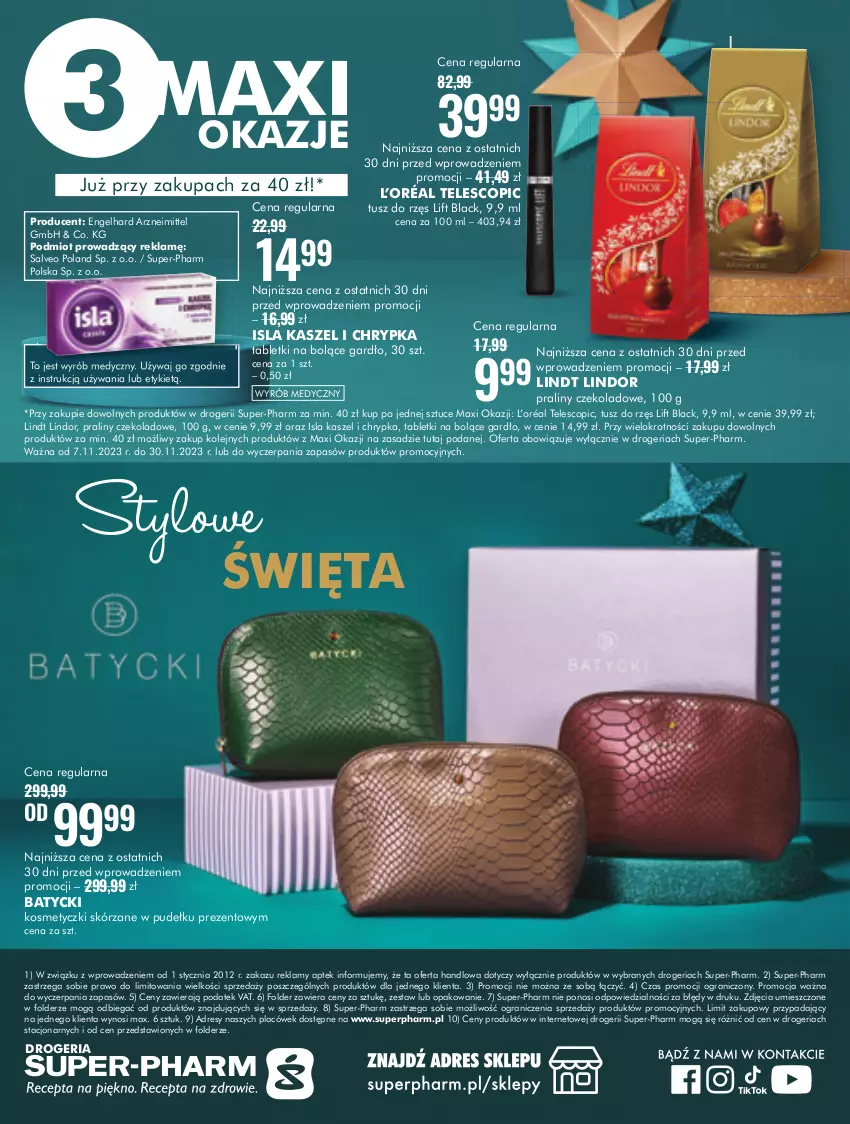 Gazetka promocyjna Super Pharm - Gazetka - ważna 07.11 do 30.11.2023 - strona 24 - produkty: Dres, Gra, Isla, L’Oréal, Lack, Lindor, Lindt, Olej, Praliny, Tablet, Tusz