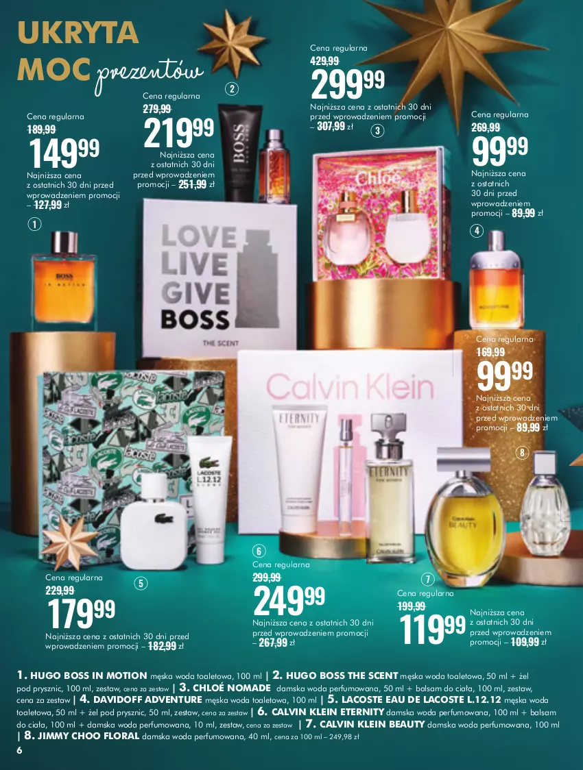 Gazetka promocyjna Super Pharm - Gazetka - ważna 07.11 do 30.11.2023 - strona 6 - produkty: Balsam do ciała, Calvin Klein, Chloé, Davidoff, Flora, Hugo Boss, Jimmy Choo, Lacoste, Perfum, Woda, Woda perfumowana, Woda toaletowa