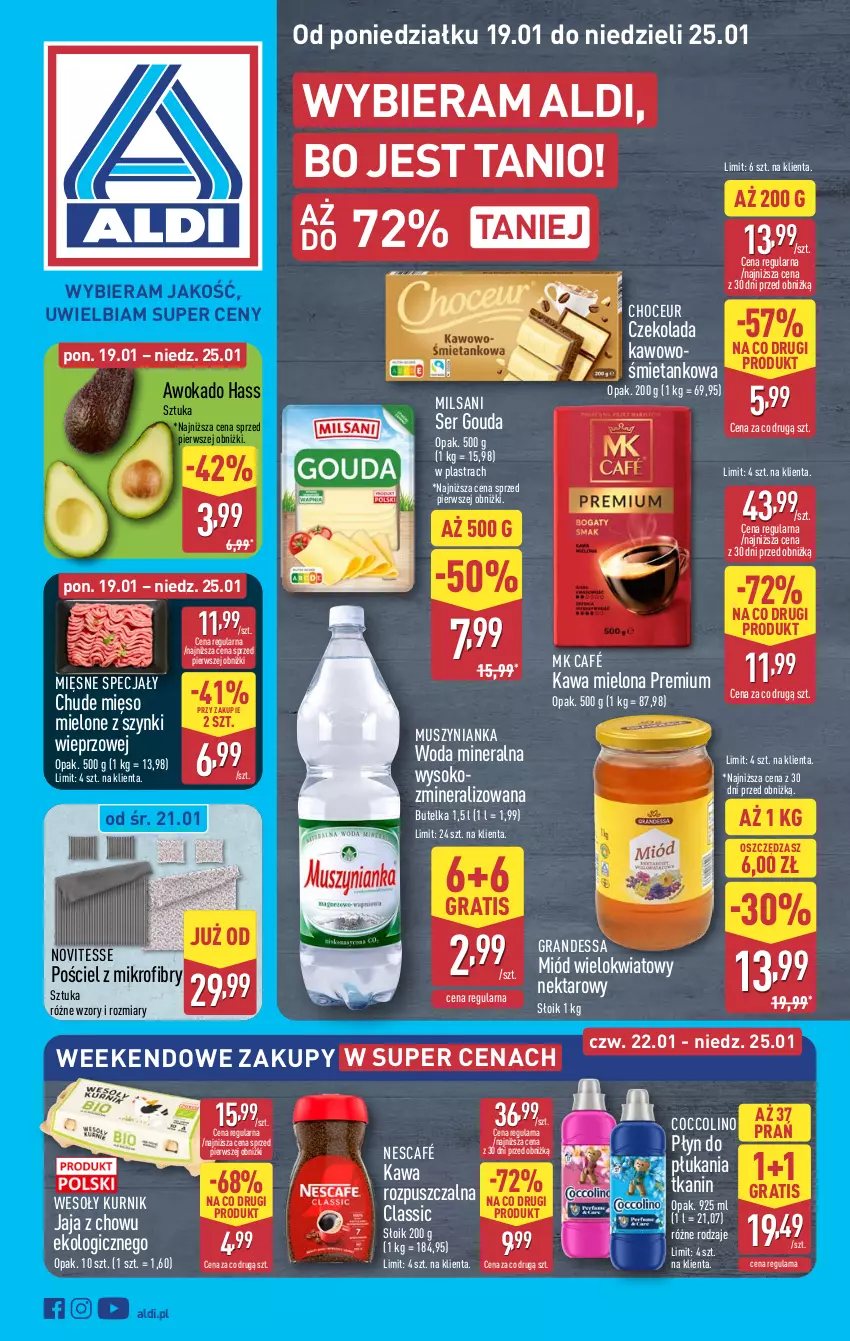 Gazetka promocyjna Aldi - Pełna oferta - ważna 19.01 do 25.01.2026 - strona 1 - produkty: Coccolino, Czekolada, Gouda, Gra, Jaja, Kawa, Kawa mielona, Kawa rozpuszczalna, Mięsne specjały, Mięso, Mięso mielone, Mięso mielone z szynki, Miód, Mus, Muszynianka, Nektar, Nescafé, Płyn do płukania, Pościel, Ser, Sok, Woda, Woda mineralna