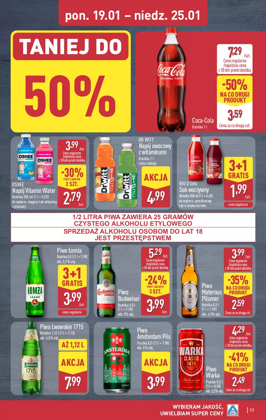 Gazetka promocyjna Aldi - Pełna oferta - ważna 19.01 do 25.01.2026 - strona 13 - produkty: Coca-Cola, Gra, Magnez, Napój, Oshee, Piwa, Piwo, Ser, Sok, Warka
