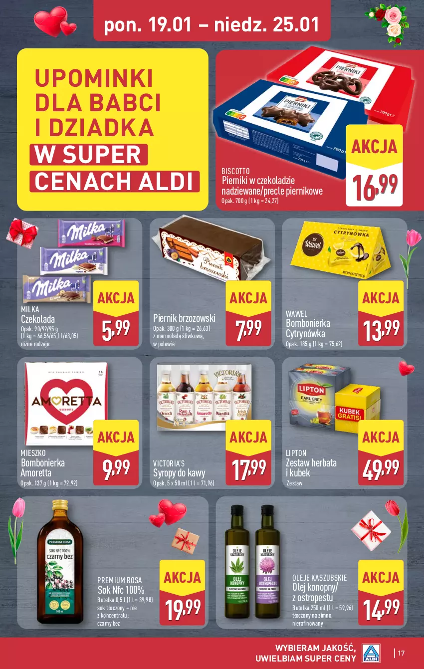 Gazetka promocyjna Aldi - Pełna oferta - ważna 19.01 do 25.01.2026 - strona 17 - produkty: Czekolada, Herbata, Kubek, Lipton, Milka, Mola, Olej, Ostropes, Piernik, Pierniki w czekoladzie, Precle, Sok, Syrop, Syropy, Wawel