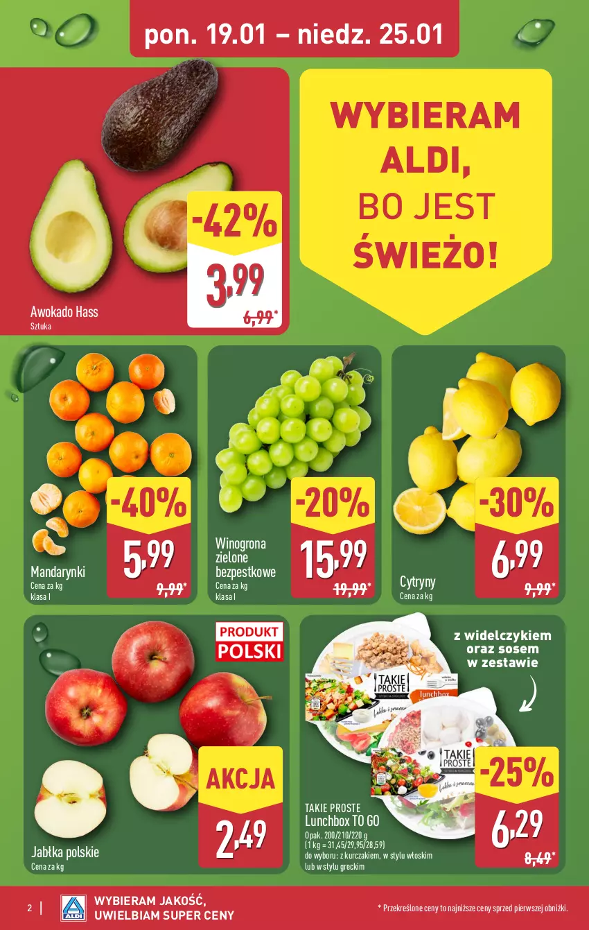 Gazetka promocyjna Aldi - Pełna oferta - ważna 19.01 do 25.01.2026 - strona 2 - produkty: Cytryny, Jabłka, Kurczak, Mandarynki, Sos, Wino, Winogrona