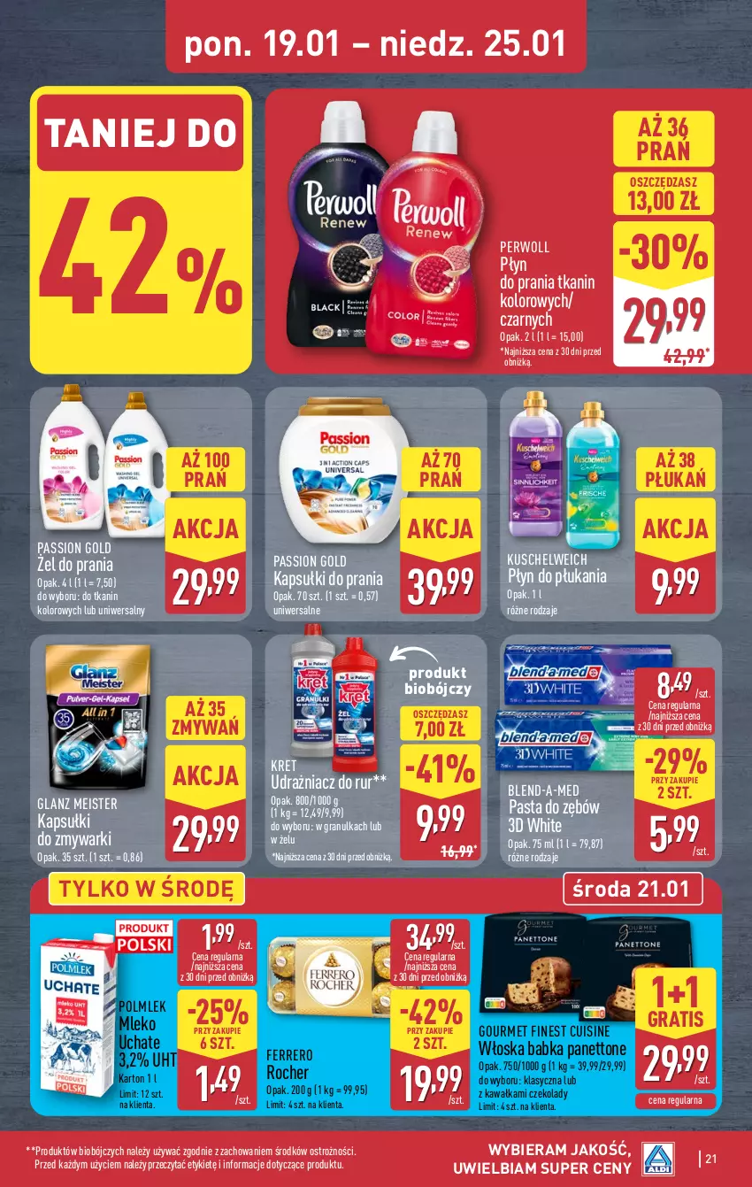 Gazetka promocyjna Aldi - Pełna oferta - ważna 19.01 do 25.01.2026 - strona 21 - produkty: Babka, Blend-a-Med, Ferrero, Ferrero Rocher, Gra, Kapsułki do prania, Kawa, Kret, Mleko, Pasta do zębów, Perwoll, Płyn do płukania, Płyn do prania, POLMLEK, Zmywarki