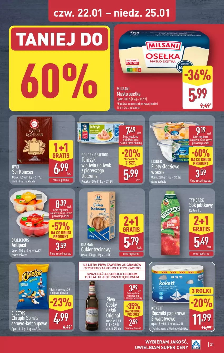 Gazetka promocyjna Aldi - Pełna oferta - ważna 19.01 do 25.01.2026 - strona 31 - produkty: Cheetos, Chrupki, Cukier, Cukier trzcinowy, Diamant, Gin, Golden Seafood, Gra, Ketchup, Lisner, Masło, Papier, Piwa, Piwo, Ręcznik, Ręczniki papierowe, Rolki, Ser, Sok, Sok jabłkowy, Sos, Tuńczyk, Tymbark