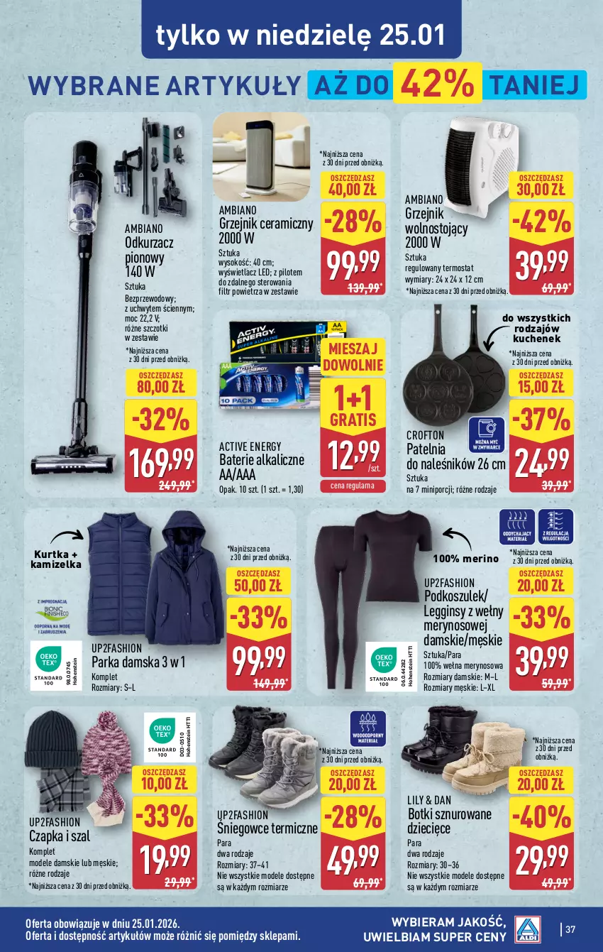 Gazetka promocyjna Aldi - Pełna oferta - ważna 19.01 do 25.01.2026 - strona 37 - produkty: Baterie alkaliczne, Botki, Czapka, Dzieci, Fa, Gin, Gra, Grzejnik, Kamizelka, Kosz, Kurtka, Legginsy, Odkurzacz, Parka, Patelnia, Podkoszulek, Por, Sok, Szal, Termos, Wełna