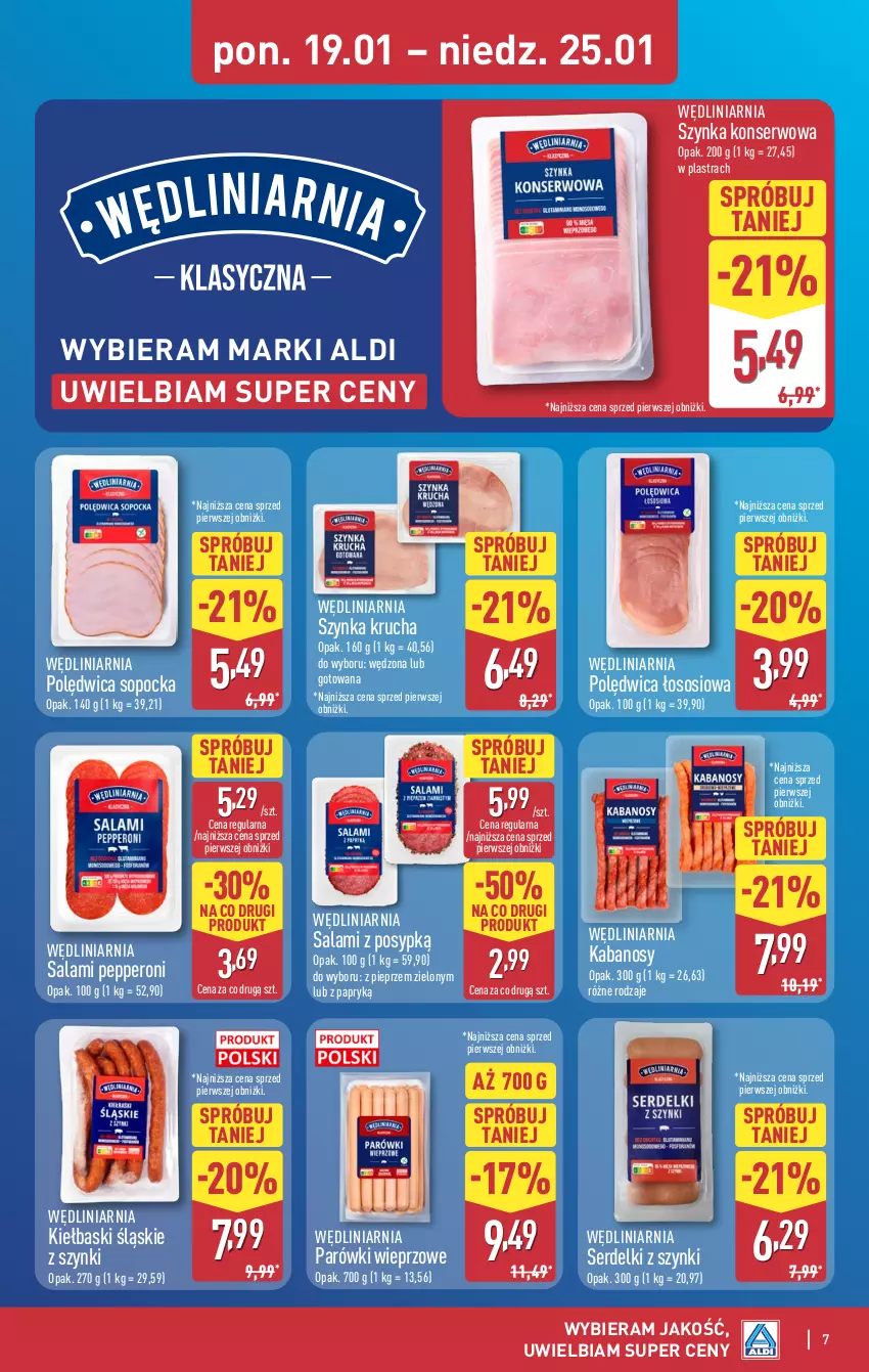 Gazetka promocyjna Aldi - Pełna oferta - ważna 19.01 do 25.01.2026 - strona 7 - produkty: Kabanos, Kiełbaski śląskie, Parówki, Pieprz, Polędwica, Salami, Ser, Serdelki, Sos, Szynka, Szynka konserwowa