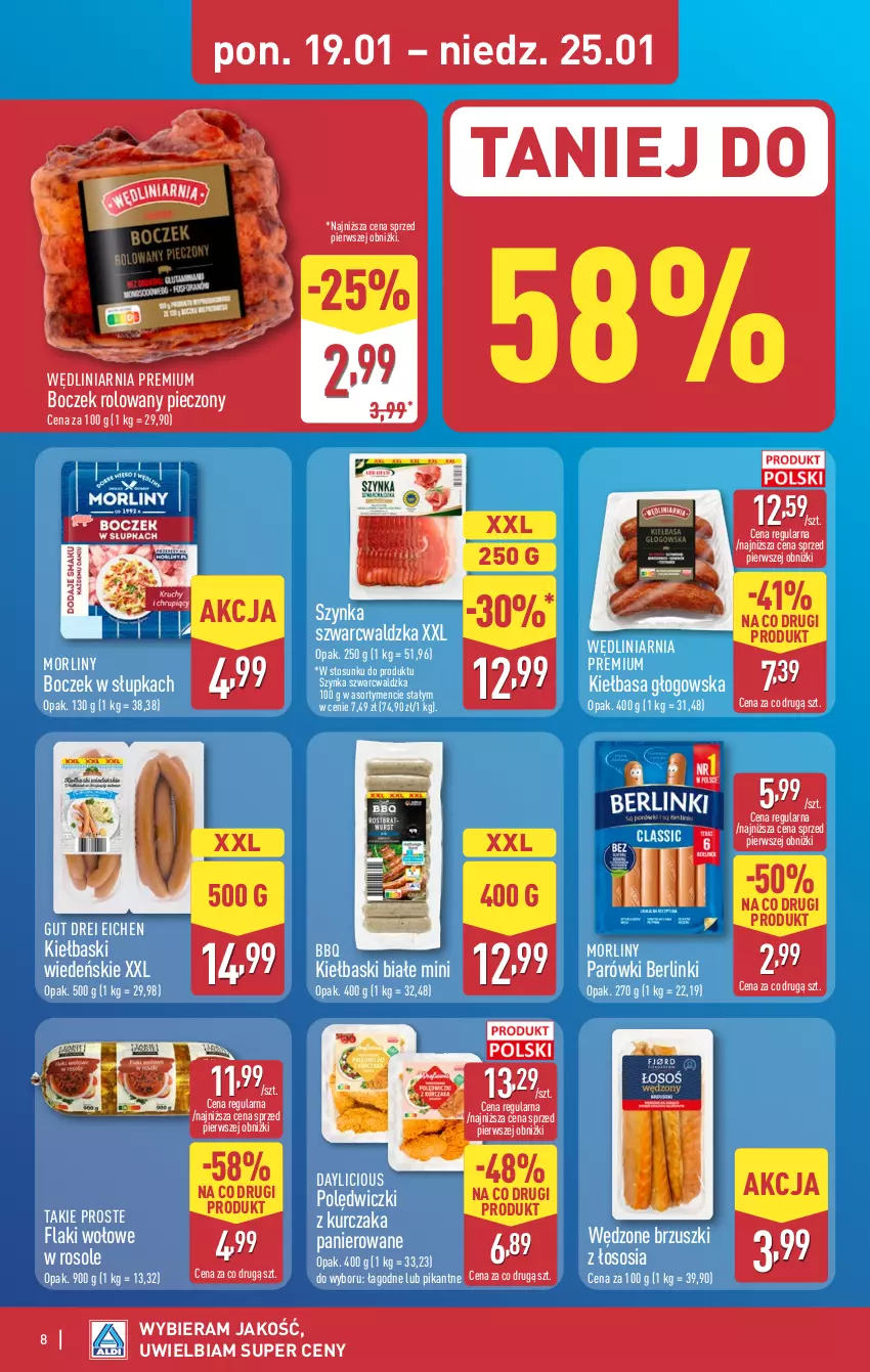 Gazetka promocyjna Aldi - Pełna oferta - ważna 19.01 do 25.01.2026 - strona 8 - produkty: Berlinki, Boczek, Brzuszki z łososia, Flaki, Flaki wołowe, Kiełbasa, Kiełbasa głogowska, Kiełbaski białe, Kurczak, Morliny, Parówki, Piec, Polędwiczki z kurczaka, Sos, Szynka